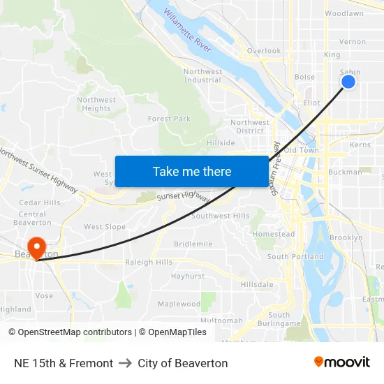 NE 15th & Fremont to City of Beaverton map