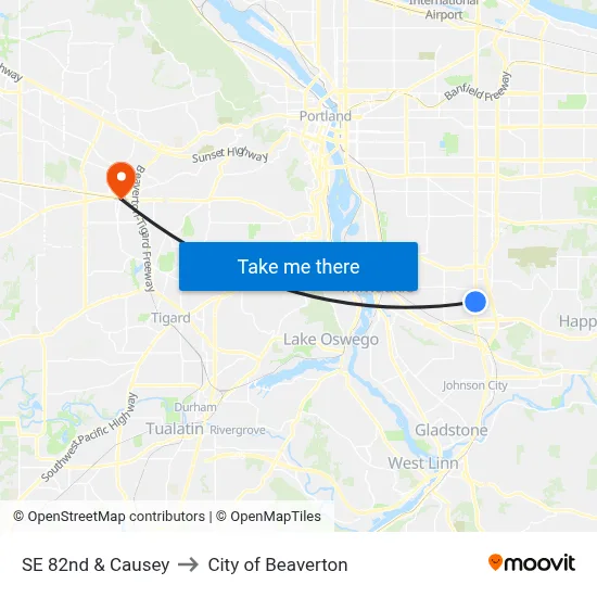 SE 82nd & Causey to City of Beaverton map
