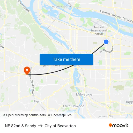 NE 82nd & Sandy to City of Beaverton map