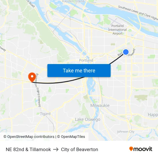 NE 82nd & Tillamook to City of Beaverton map