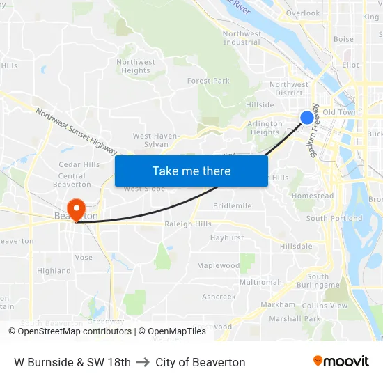 W Burnside & SW 18th to City of Beaverton map