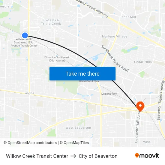 Willow Creek Transit Center to City of Beaverton map