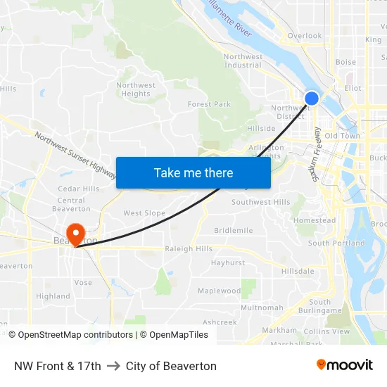 NW Front & 17th to City of Beaverton map