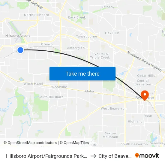 Hillsboro Airport/Fairgrounds Park & Ride to City of Beaverton map