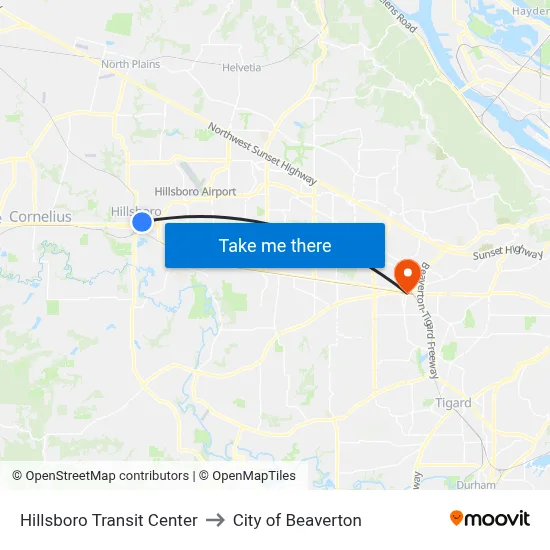 Hillsboro Transit Center to City of Beaverton map