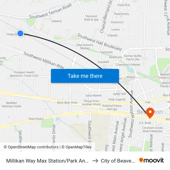 Millikan Way Max Station/Park And Ride to City of Beaverton map