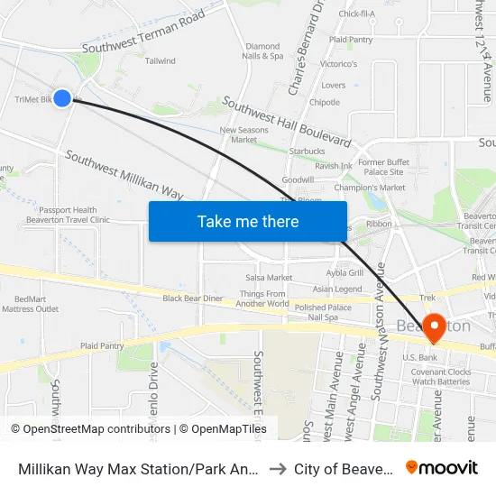 Millikan Way Max Station/Park And Ride to City of Beaverton map
