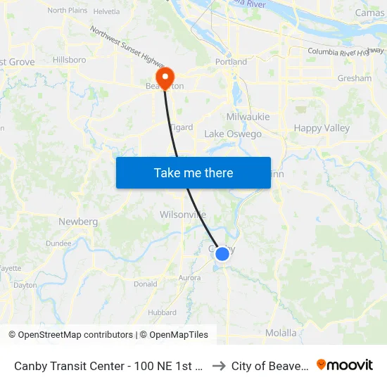 Canby Transit Center - 100 NE 1st Avenue to City of Beaverton map