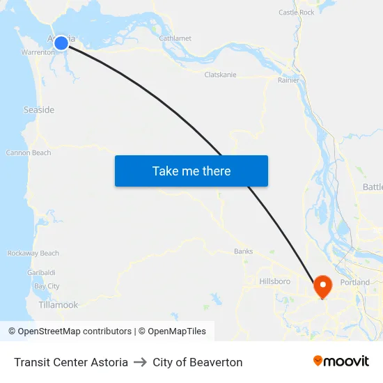 Transit Center Astoria to City of Beaverton map