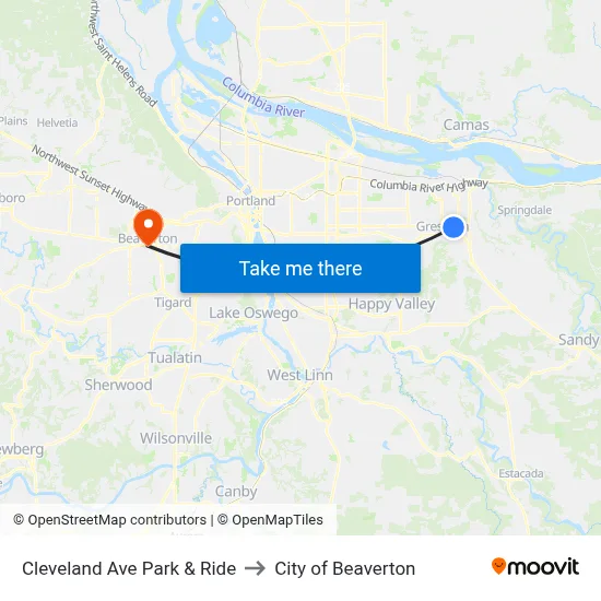 Cleveland Ave Park & Ride to City of Beaverton map
