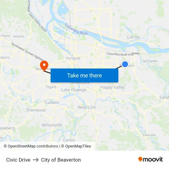 Civic Drive to City of Beaverton map