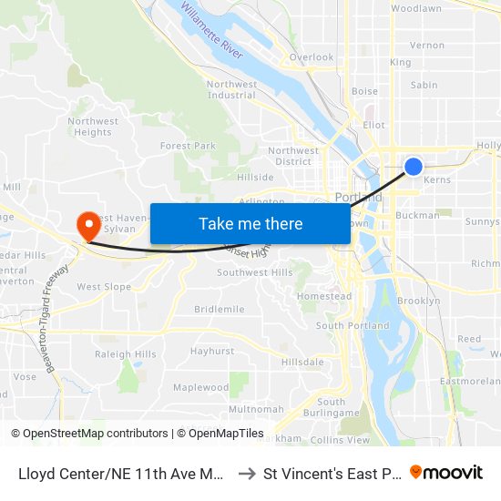 Lloyd Center/NE 11th Ave Max Station to St Vincent's East Pavilion map