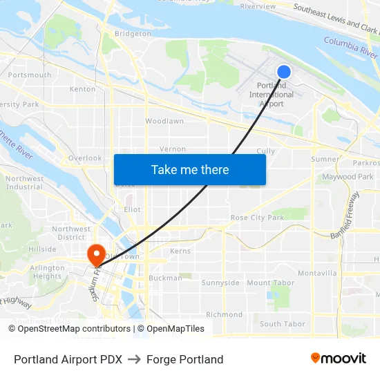 Portland Airport PDX to Forge Portland map