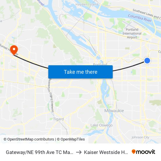 Gateway/NE 99th Ave TC Max Station to Kaiser Westside Hospital map