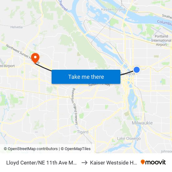 Lloyd Center/NE 11th Ave Max Station to Kaiser Westside Hospital map