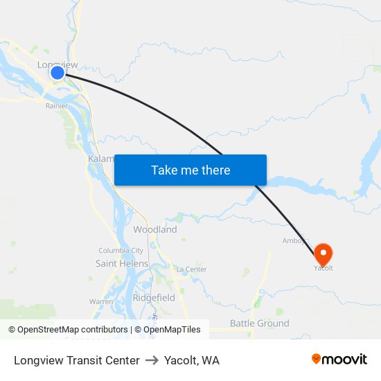 Longview Transit Center to Yacolt, WA map