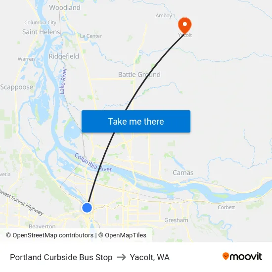 Portland Curbside Bus Stop to Yacolt, WA map