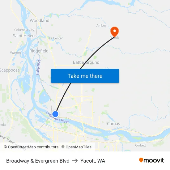Broadway & Evergreen Blvd to Yacolt, WA map