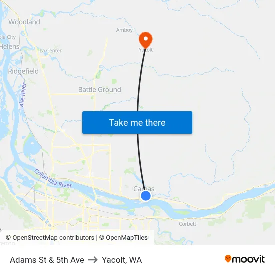 Adams St & 5th Ave to Yacolt, WA map