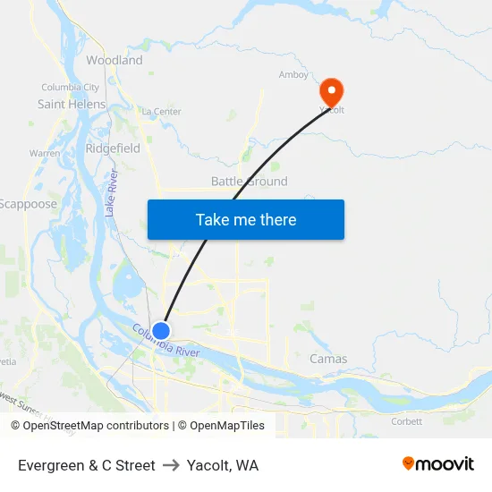 Evergreen & C Street to Yacolt, WA map