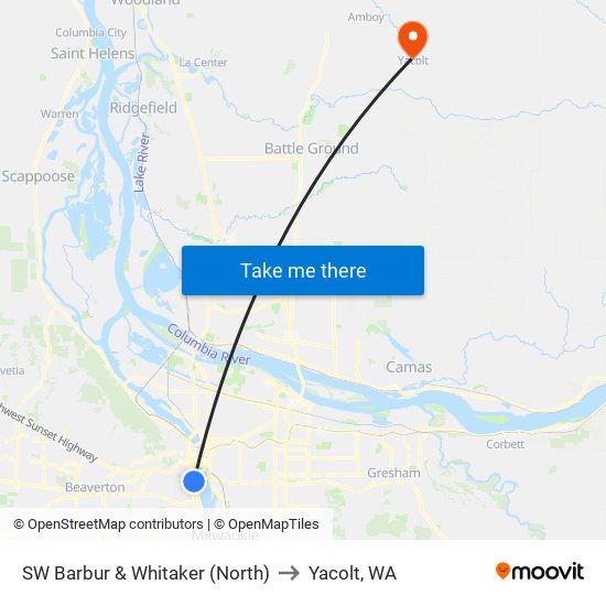 SW Barbur & Whitaker (North) to Yacolt, WA map