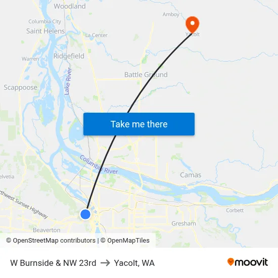 W Burnside & NW 23rd to Yacolt, WA map