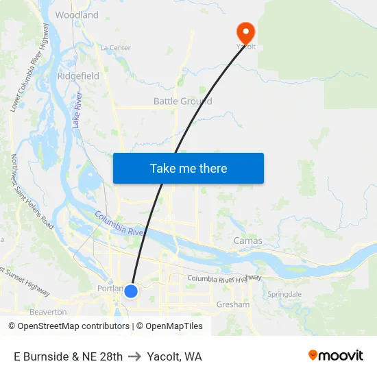 E Burnside & NE 28th to Yacolt, WA map