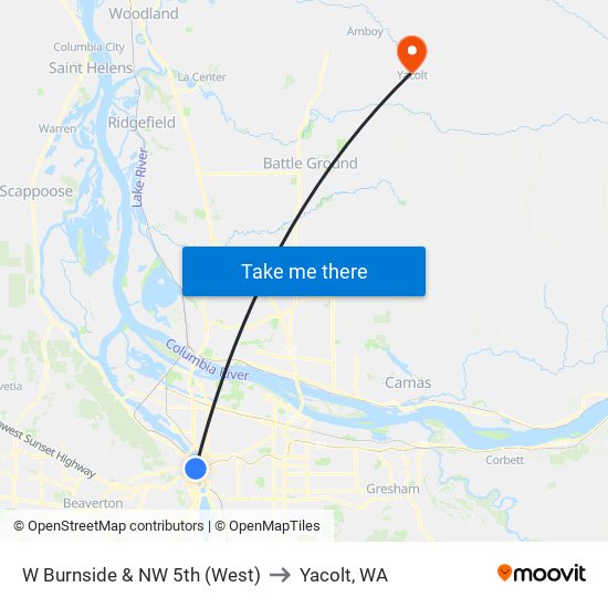 W Burnside & NW 5th (West) to Yacolt, WA map