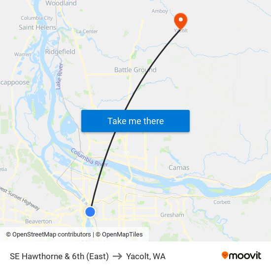 SE Hawthorne & 6th (East) to Yacolt, WA map