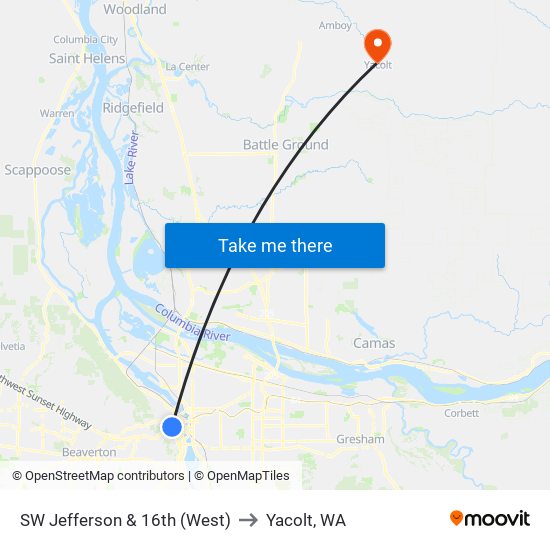 SW Jefferson & 16th (West) to Yacolt, WA map