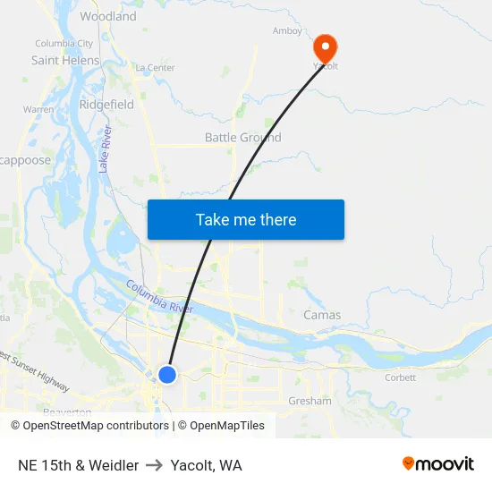 NE 15th & Weidler to Yacolt, WA map