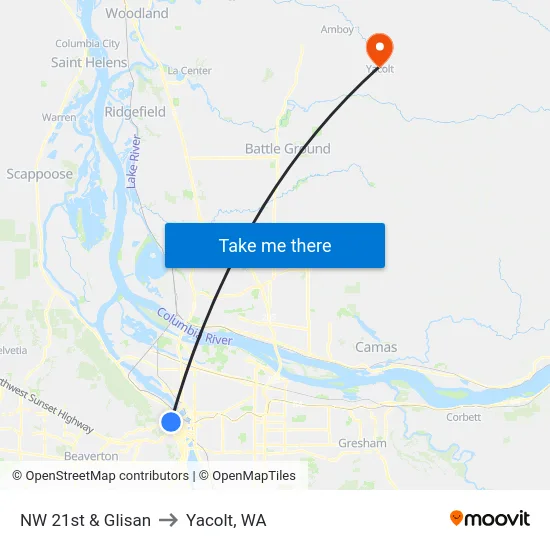 NW 21st & Glisan to Yacolt, WA map