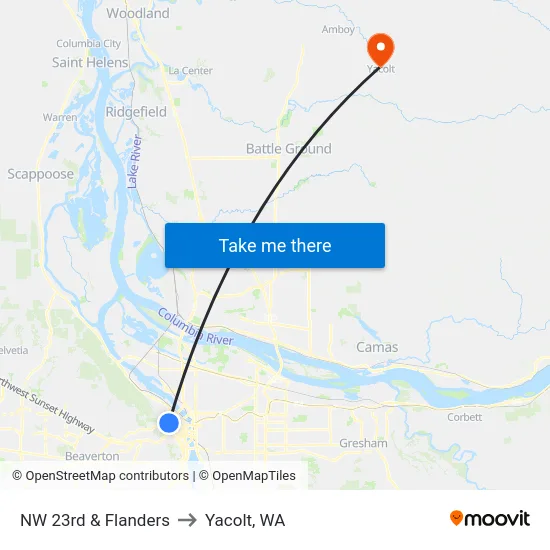 NW 23rd & Flanders to Yacolt, WA map