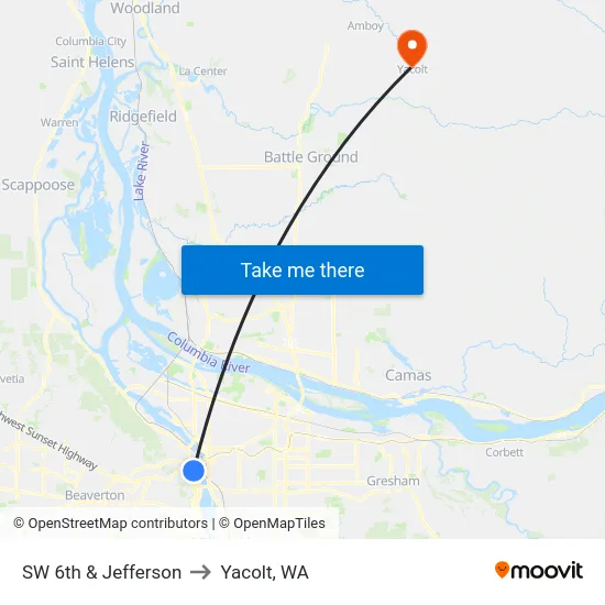 SW 6th & Jefferson to Yacolt, WA map