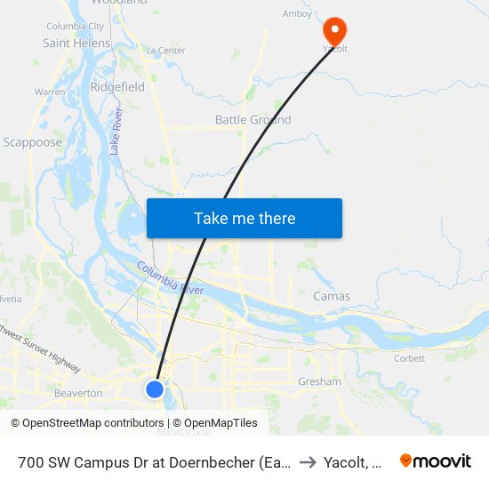 700 SW Campus Dr at Doernbecher (East) to Yacolt, WA map