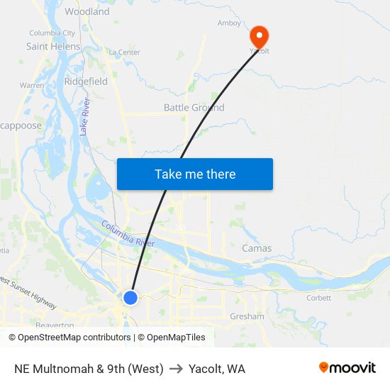 NE Multnomah & 9th (West) to Yacolt, WA map