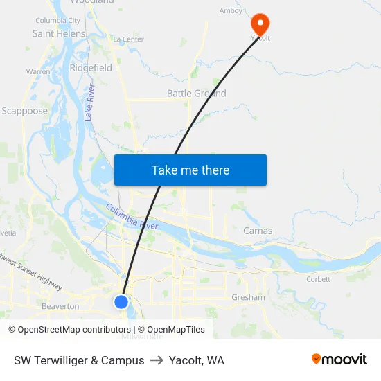 SW Terwilliger & Campus to Yacolt, WA map