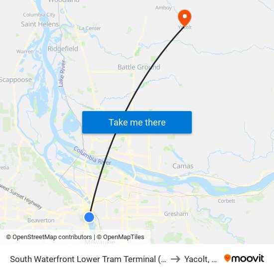 South Waterfront Lower Tram Terminal (West) to Yacolt, WA map