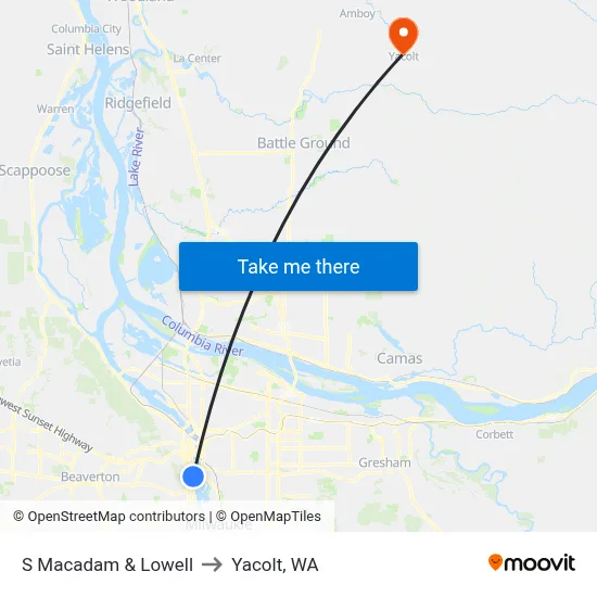 S Macadam & Lowell to Yacolt, WA map