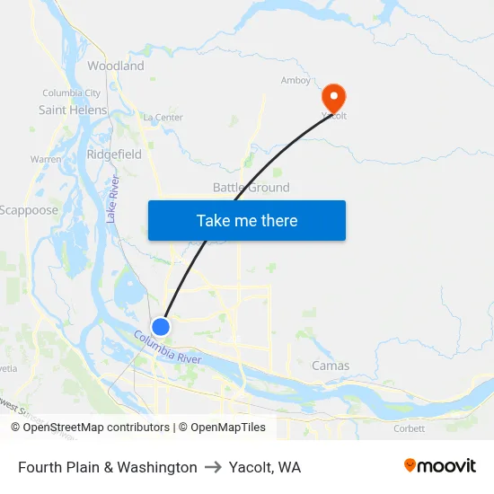 Fourth Plain & Washington to Yacolt, WA map