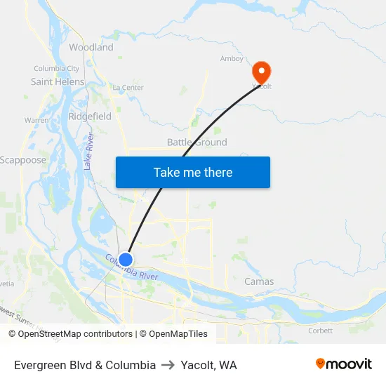 Evergreen Blvd & Columbia to Yacolt, WA map