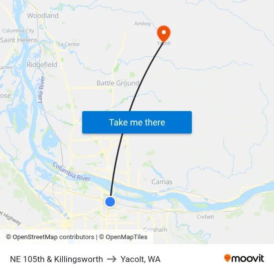 NE 105th & Killingsworth to Yacolt, WA map