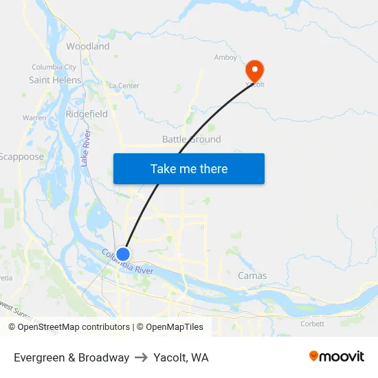 Evergreen & Broadway to Yacolt, WA map