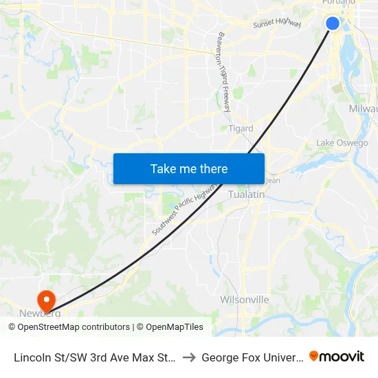 Lincoln St/SW 3rd Ave Max Station to George Fox University map