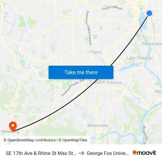 SE 17th Ave & Rhine St Max Station to George Fox University map