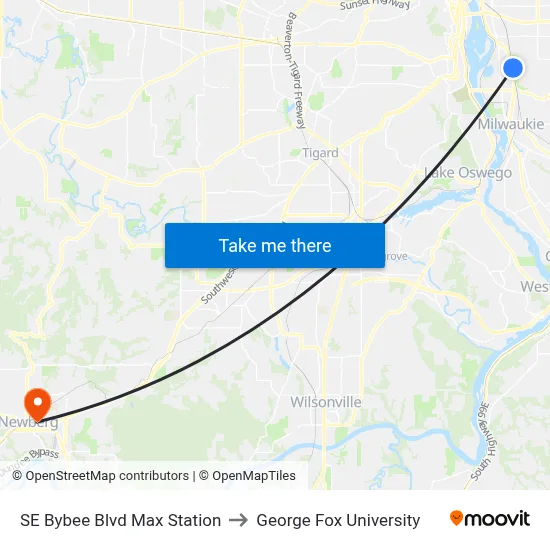 SE Bybee Blvd Max Station to George Fox University map