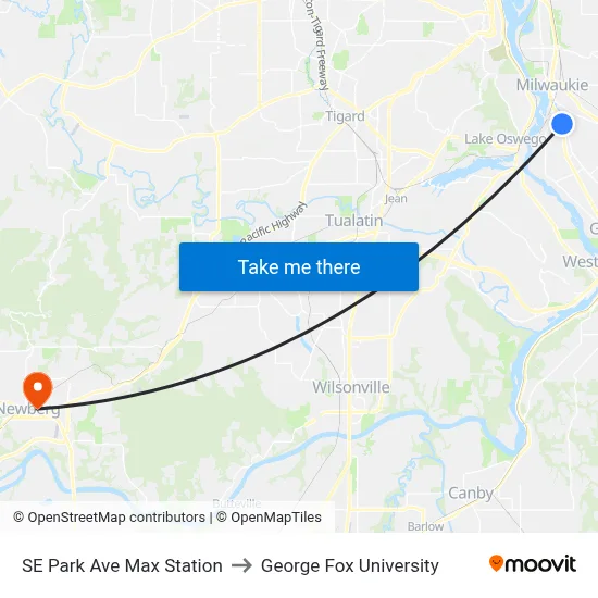 SE Park Ave Max Station to George Fox University map