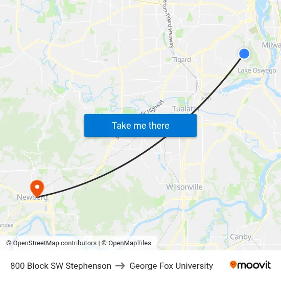 800 Block SW Stephenson to George Fox University map