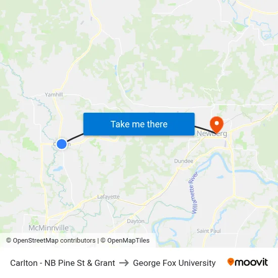 Carlton - NB Pine St & Grant to George Fox University map
