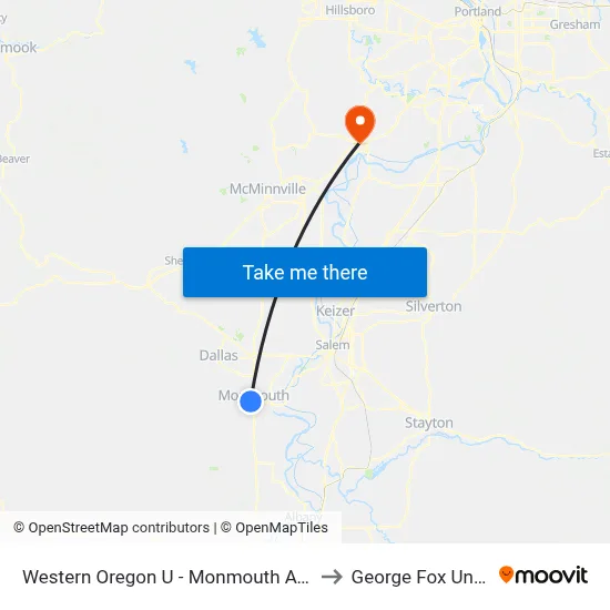 Western Oregon U - Monmouth Ave @ Church to George Fox University map